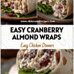 Wraps filled with creamy cranberry almond chicken salad and crisp greens on a rustic plate.